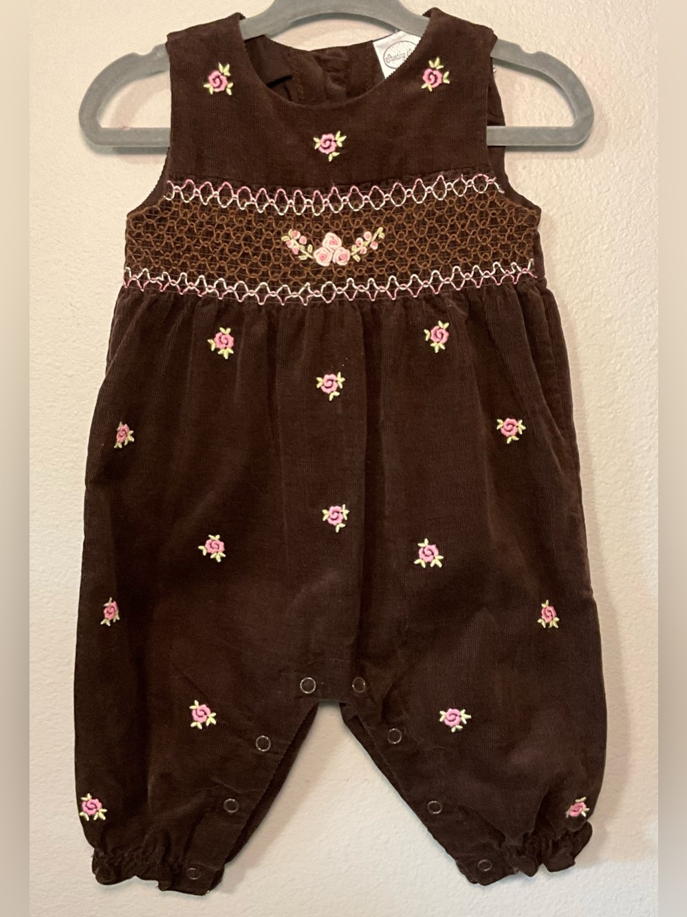 Starting Out Brown Corduroy Baby Jumper with Pink & Cream Floral Embroidery